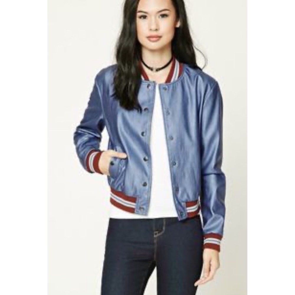 Forever 21 Women L Faux Leather Metal Blue Crop Bomber Jacket Y2k Varsity *Flaw*